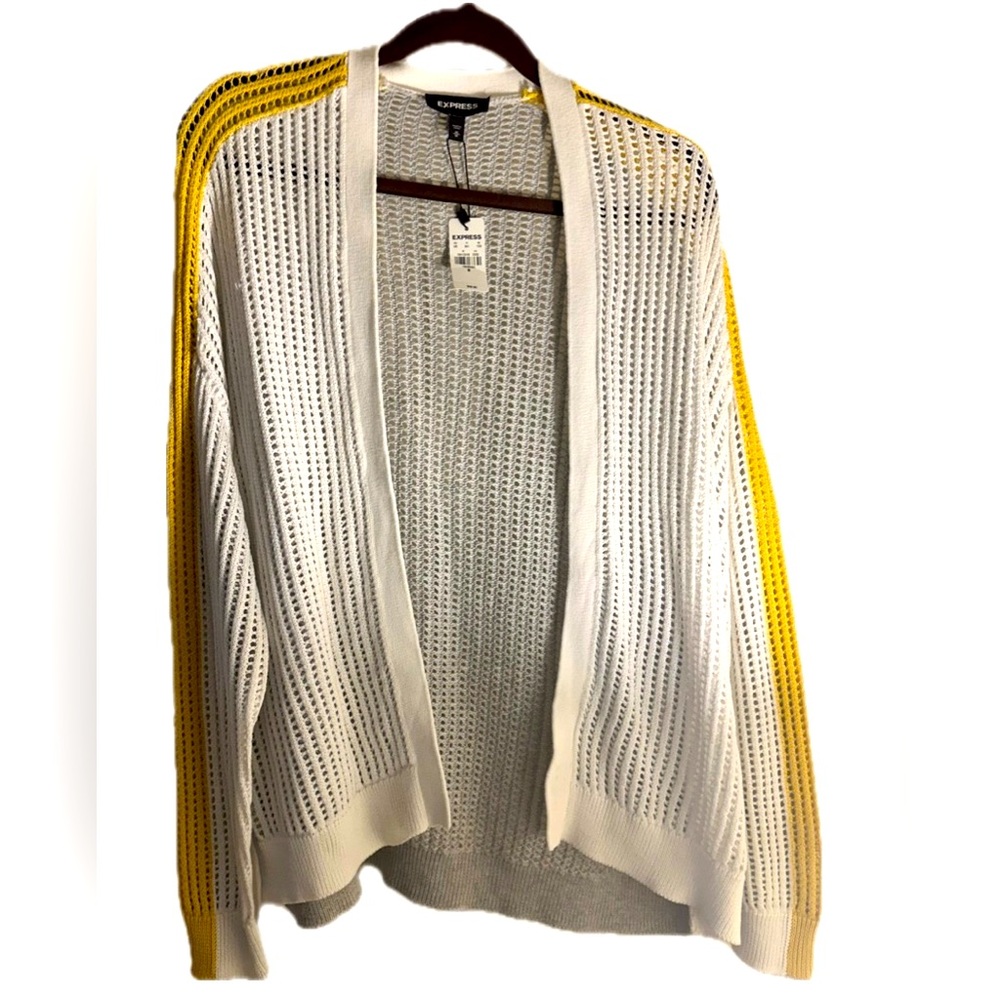 EXPRESS OPEN FRONT SWEATER SIZE MEDIUM WHITE GREY AND YELLOW